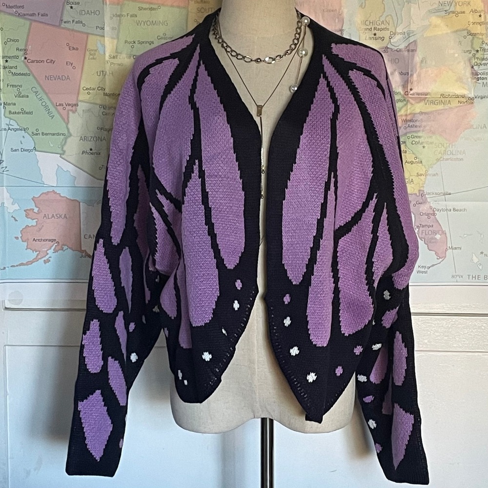 Purple Black Butterfly Wing Knit Cardigan Open Front Scalloped XXL NEW monarch
